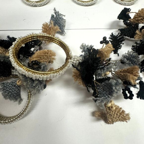 Pier 1 Imports Black Blue Jute Burlap Stones Pearl Beaded Napkin Rings Set of 6 - Picture 4 of 6